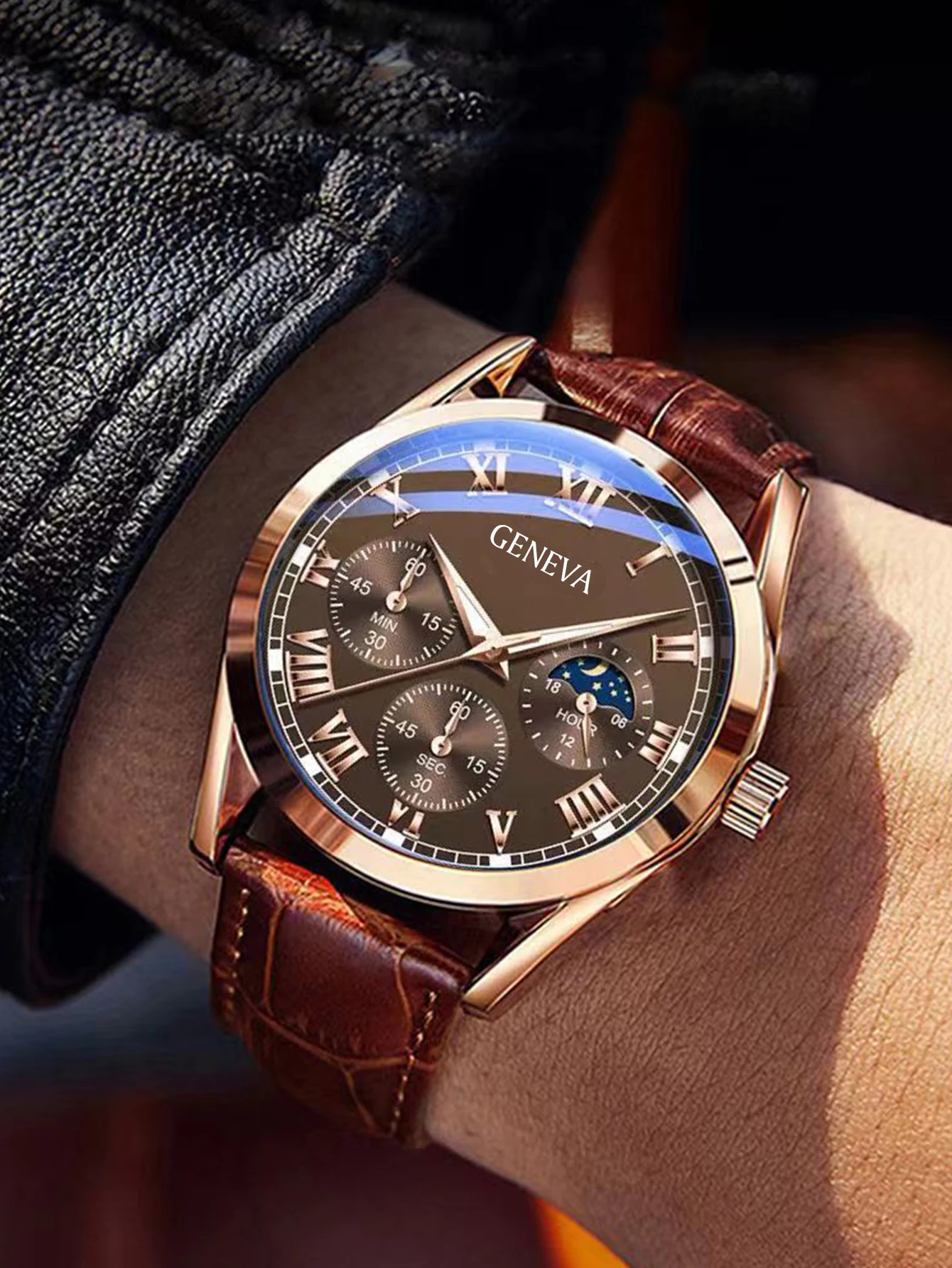 

Роскошные мужские часы Geneva Chronograph - циферблат с фазами Луны, корпус из розового золота, коричневый кожаный ремешок, деловые часы для повседневной носки и официальных мероприятий.