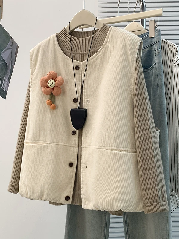 Corduroy Vest Outerwear Large Size Women's Autumn Winter Vintage Warm Sleeveless Loose Vest Shoulder Pad Casual Style