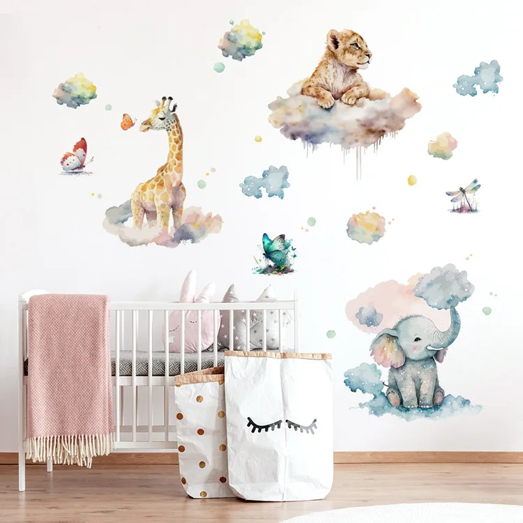 Wasserfarben-Wandaufkleber Elefant Giraffe Tiger für Kinderzimmerdekoration Wandbild Kinderzimmerdekor Cartoon-Tiere Selbstklebende Aufkleber – Detail 5
