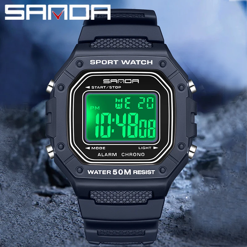 SANDA 2156 Men Watch New Model Electronic Digital Movement Rectangle Led Display Dial Outdoor Sports Watertight Male Wrist Watch