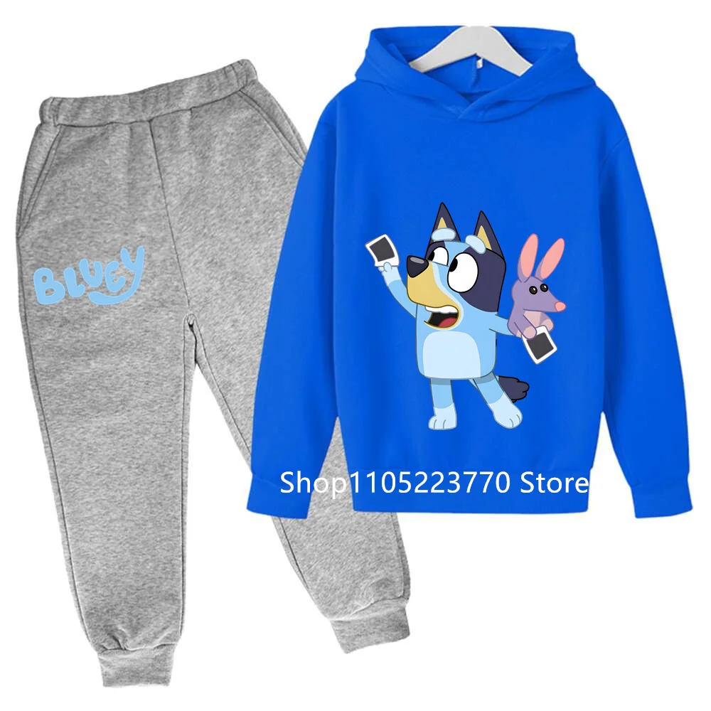 

Kids Bluey Warm Fleece Hoodie Set Autumn Winter Comfortable Cartoon Anime Print Soft 2-Piece Sweatshirt Outfit for Boy and Girls