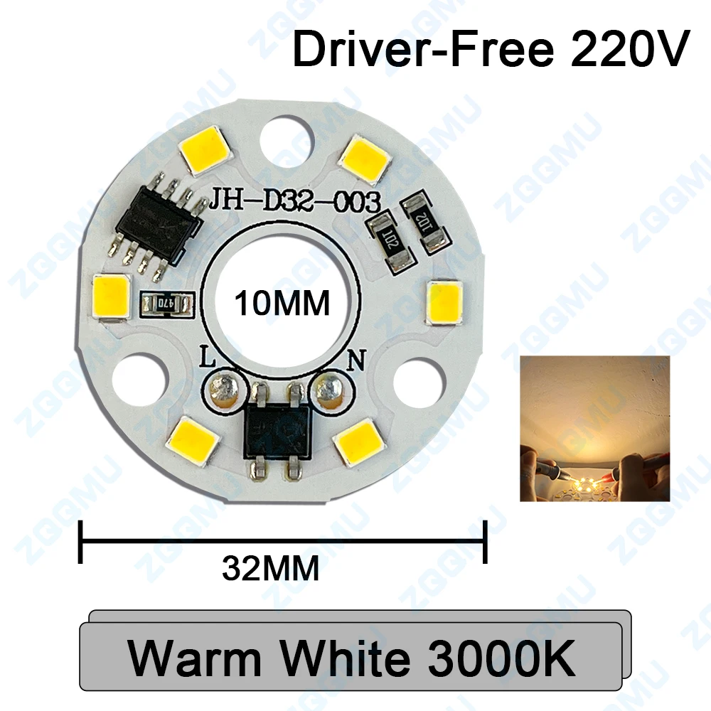 3W LED AC 220V Scheda patch senza driver Modulo rotondo Sorgente luminosa Lampadina da cricket LED Downlight Patch Faretto bicolore 32MM