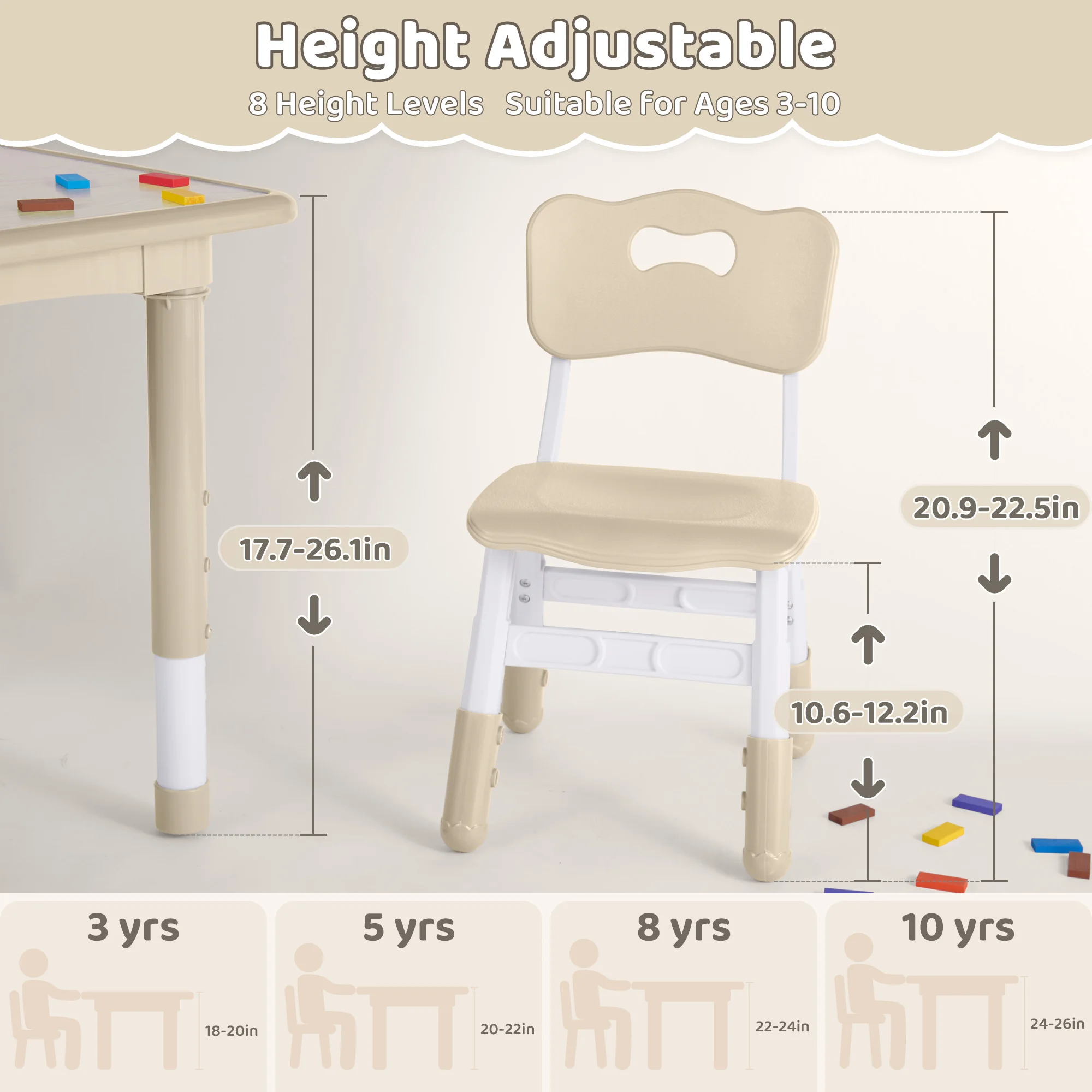 Kids Table And 2 Chairs Set Height Adjustable for Ages 2-8 Non-Slip Wipe-Clean Montessori Learning Art Drawing Desk with 2 Chairs for Home Preschool view 2
