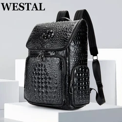 WESTAL-Mochila De cuero genuino para hombre, bolso para ordenador portátil, bolso escolar para estudiantes, bolso de diseñador con patrón de cocodrilo para libros