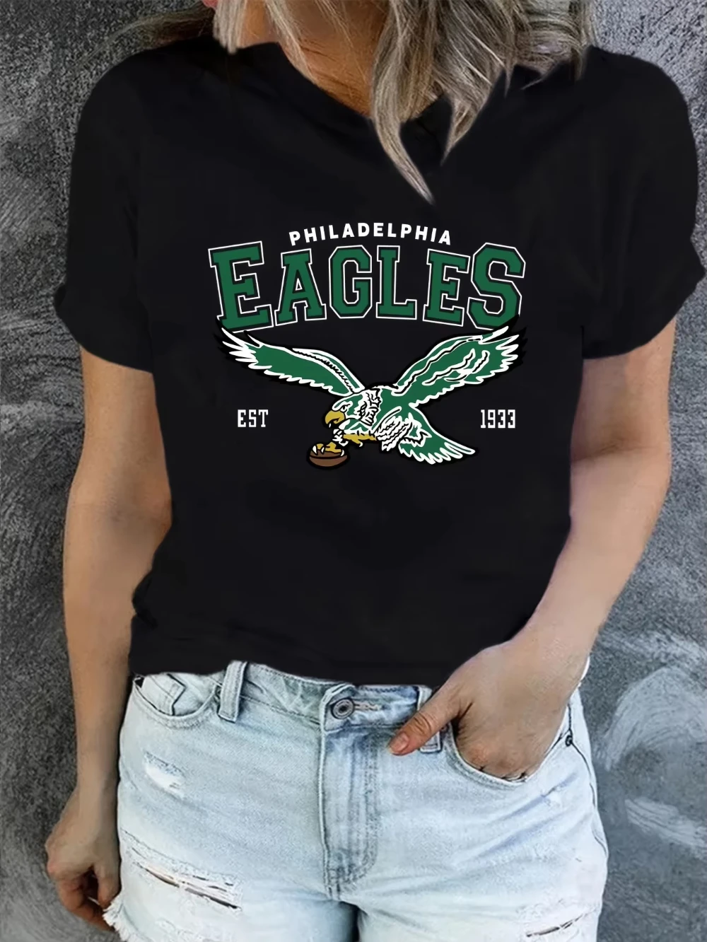 Eagle Print Neues modisches Damen-T-Shirt mit Rundhalsausschnitt und Sommer-Trend-Druckmuster, lässige Alltagskleidung für die Straße – Detail 3