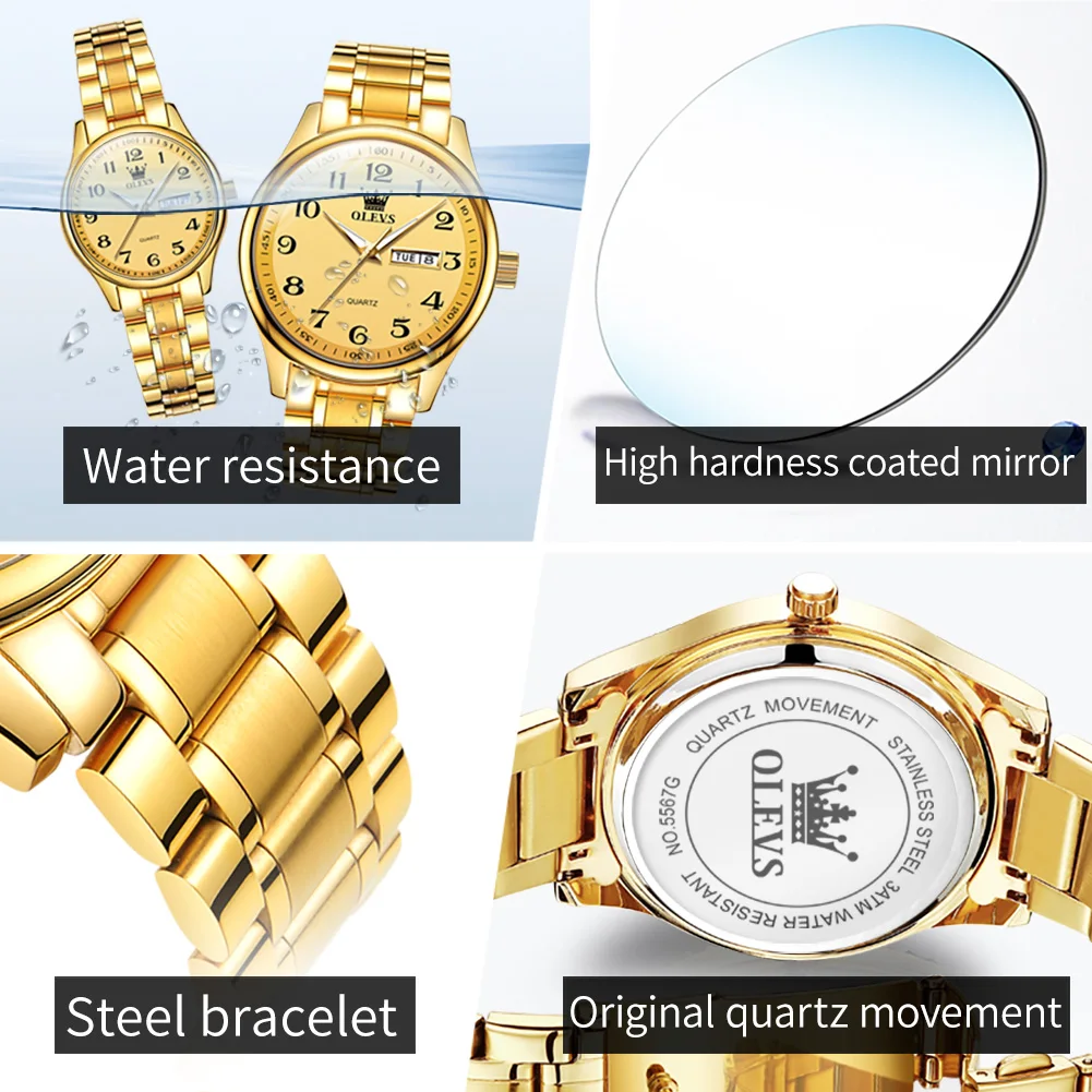 ساعة OLEVS-ساعة كوارتز مضيئة مقاومة للماء للرجال والنساء ، ساعة العشاق ، الموضة ، العلامة التجارية الأصلية ، الأسبوع ، التقويم ، الزوجين ، #6