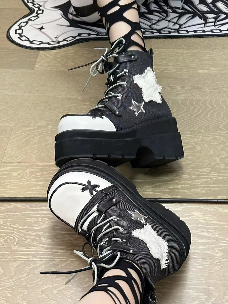 日本のオリジナルパンクプラットフォームデニムブーツガールスイートクールラウンドトゥサブカルチャーY2kスターマライア・ジェーンマフィンシューズ女性用