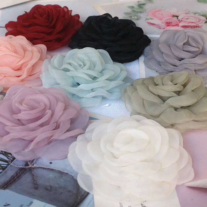5Pcs 8CM Organza Artificial Flower Head Fake Rose Flowers For Home Decor Wedding Party Hats Hair Decoration Bride Accessories