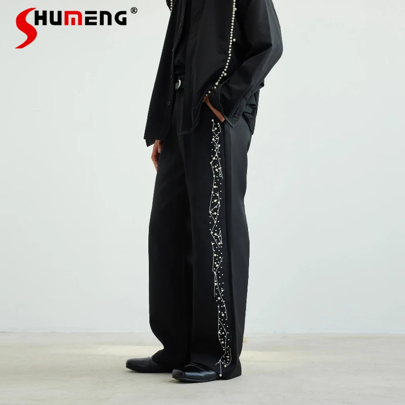 

Men Women 2025 Autumn New Solid Color Loose High-End Slightly Elastic Long Pants Men's Side Beaded Chic Straight-Leg Suit Pants