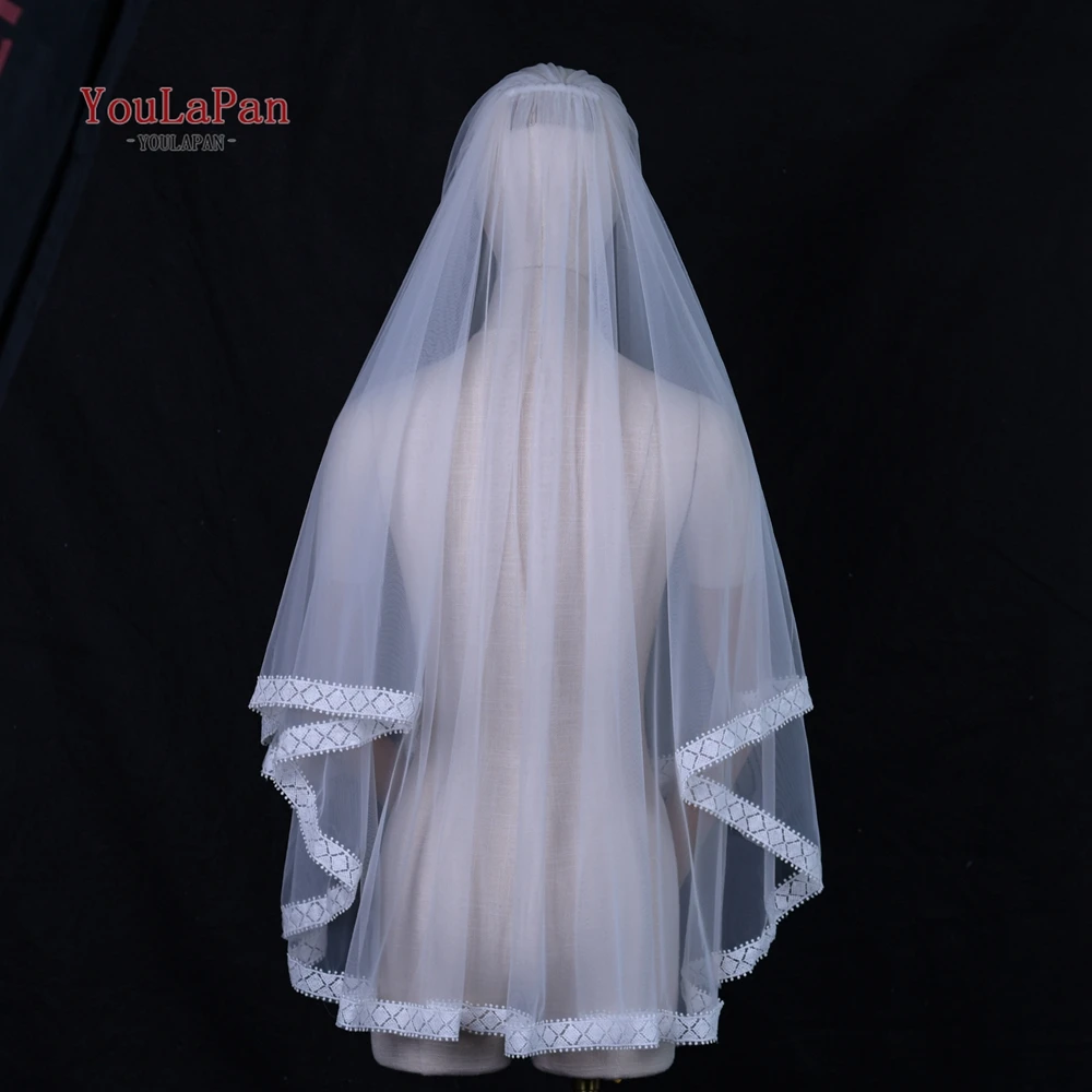 YouLaPan V165 Simple 2 Layer Wedding Veil Short Bridal Veil Elbow Length Lace Wedding Veil with Partial Trim Bohemian Style