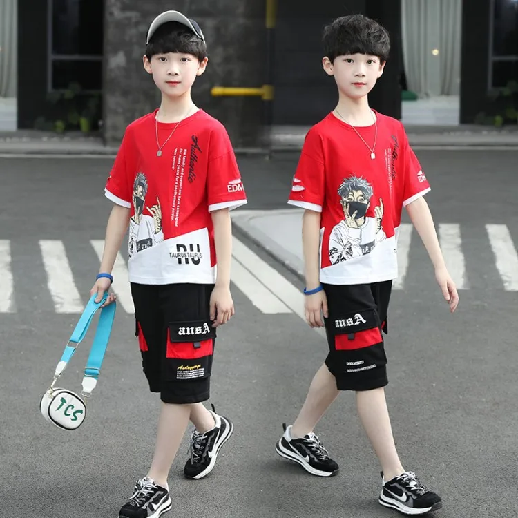 2024 teens Summer Child Clothes Baby teen Boys hip hop portrait loose T-Shirt & Shorts pocket pants 6 8 10 12 14 years