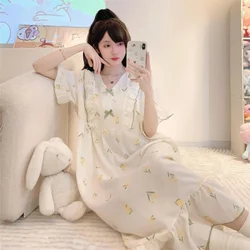 150Kg Plus Size Summer Nightgown Female Short Sleeve Loose Home Dress Korean Sweet Cartoon Thin Pajamas Lounge Wear Sleepwear