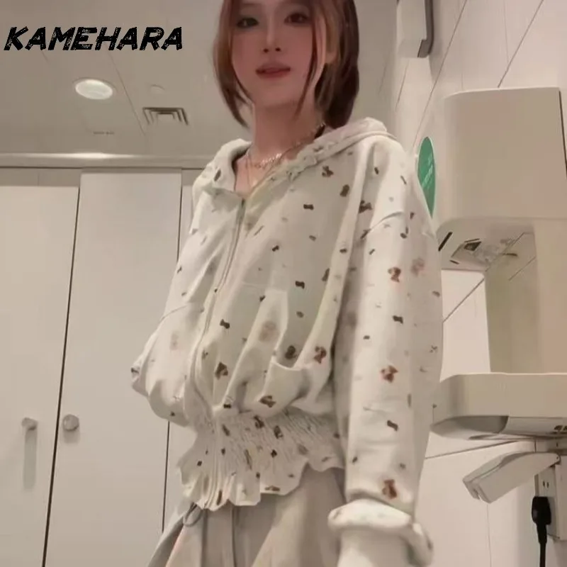 

KAMEHARA Japan Y2k American Retro Full Print Pleated Hooded Cardigan Sweatshirt Women's Autumn Lazy Style Short Loose Jacket 90s