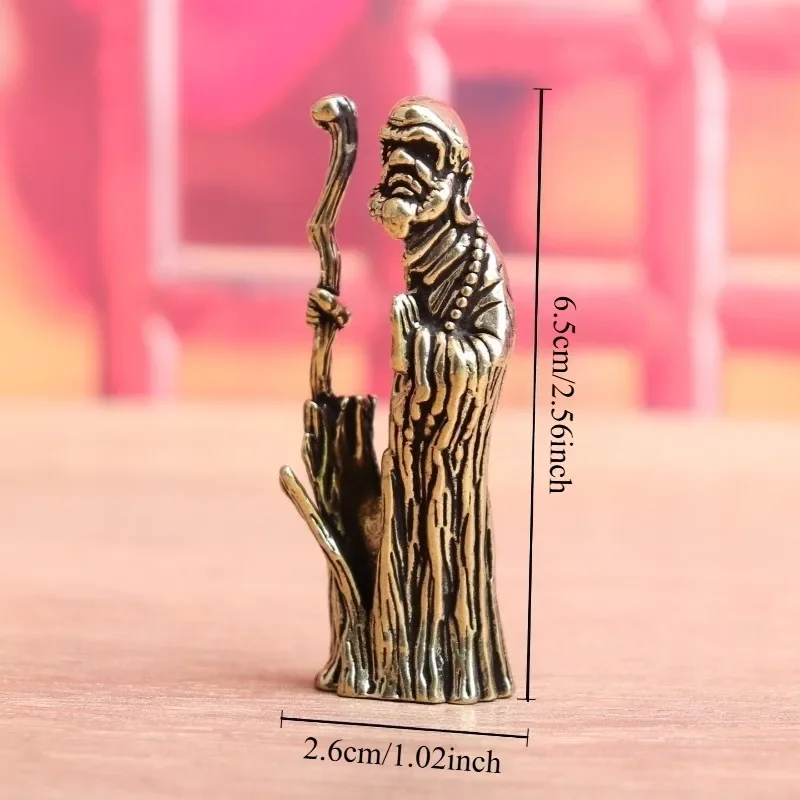 Vintage Brass Bodhidharma Figurine, Chinese Dharma Monk Statue with Zen Staff, Mini Desktop Ornament,  Decor Craft Gift