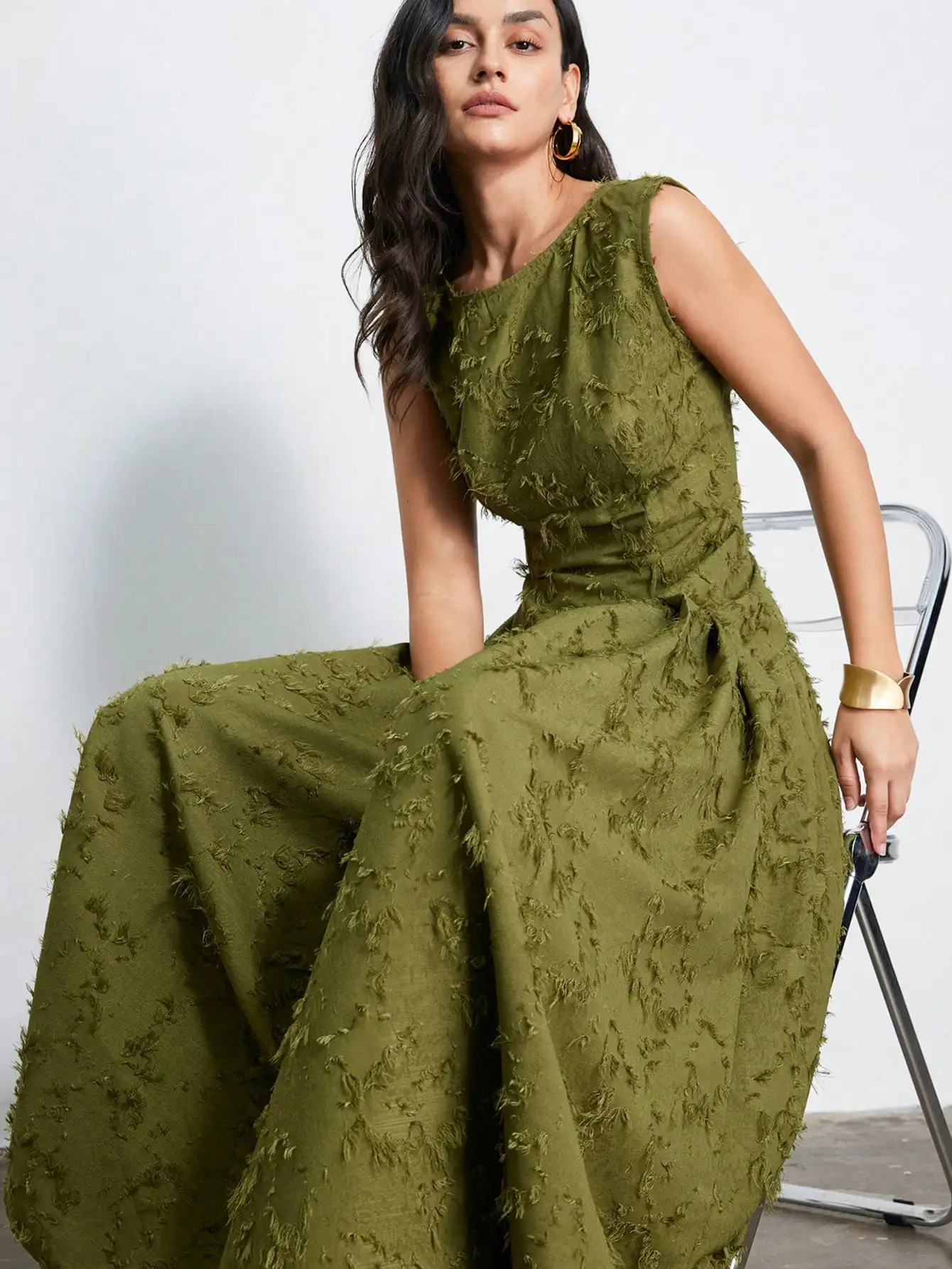 

Olive Green Textured Fringe Maxi Dress Sleeveless A-Line Elegant Casual