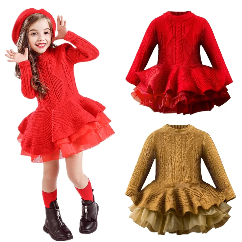 Kids Girls Tutu Dress 2024 Autumn Winter Girls Knitted Mesh Dresses Christmas Birthday Party Children New Year Clothes 3-8 Years