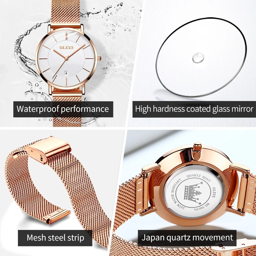 OLEVS Aço Inoxidável Round-Dial Quartz Watch, Moda Presente, Pulseira Calendário, 5869