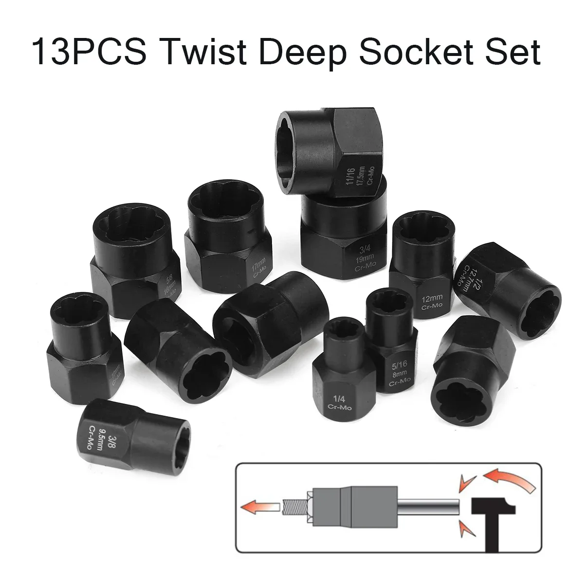 13Pcs Impact Damaged Bolt Nut Screw Remover Extractor Socket Tool Kit Removal Set Bolt Nut Screw Removal Socket Wrench 3/8