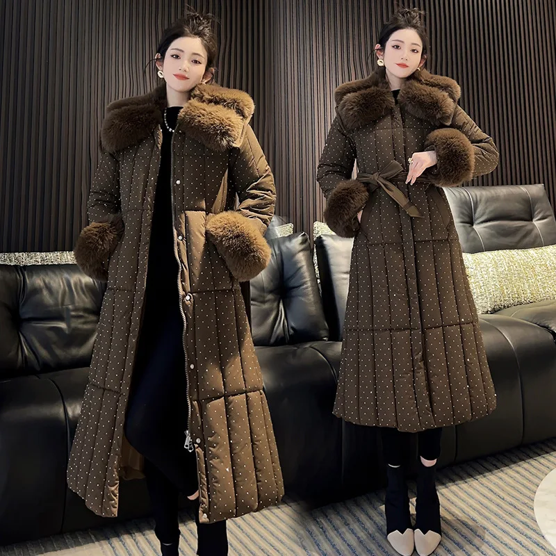 حزام الشتاء النساء معطف مبطّن عالية تألق هندسية طباعة فو الثعلب الفراء الدافئة طويلة سترة سيدة سميكة البخاخ ملابس خارجية للإناث