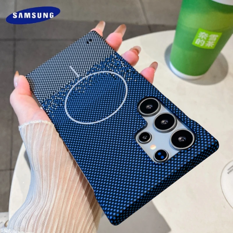 Тонкий магнитный чехол из углеродного волокна для Magsafe для Samsung Galaxy S25 S24 S23 Ultra Plus с беспроводной зарядкой, жесткий безрамный чехол из ПК Тонкий магнитный чехол из углеродного волокна для Magsafe для Samsung Galaxy S25 S24 S23 Ultra Plus с беспроводной зарядкой, жесткий безрамный чехол из ПК