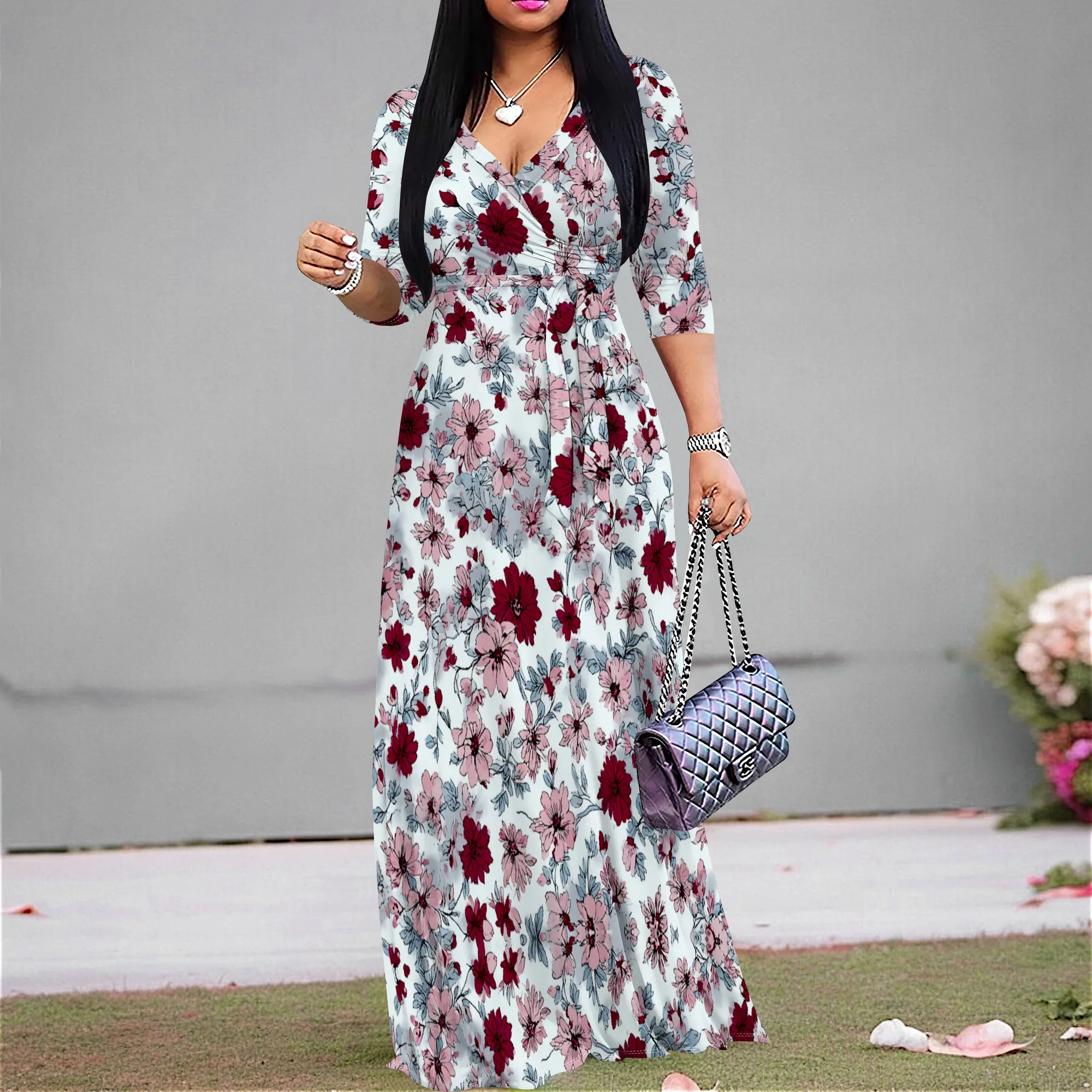 

S-3XL Women's Elegant Floral Print Maxi Dress - V-Neck 3/4 Sleeve Belted Spring/Summer Vacation Beach Gown