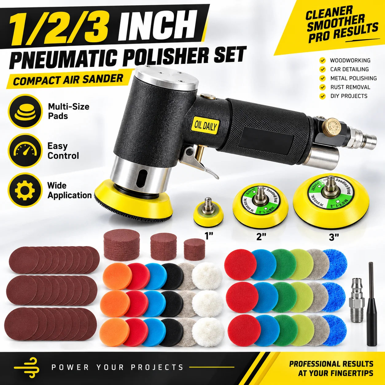 Levigatrice Pneumatica Orbitale Mini 1'/2'/3' Set per Lucidatura Auto Lucidatrice ad Alta Velocità Azionata ad Aria Utensile Pneumatico