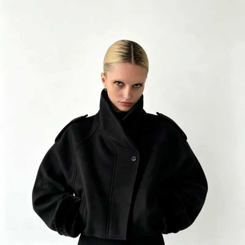 Women's Oversized Cropped Wool Coat Stand Collar Button Down Drop Shoulder Loose Fit Winter Warm Jacket Y2K Outwear 2026