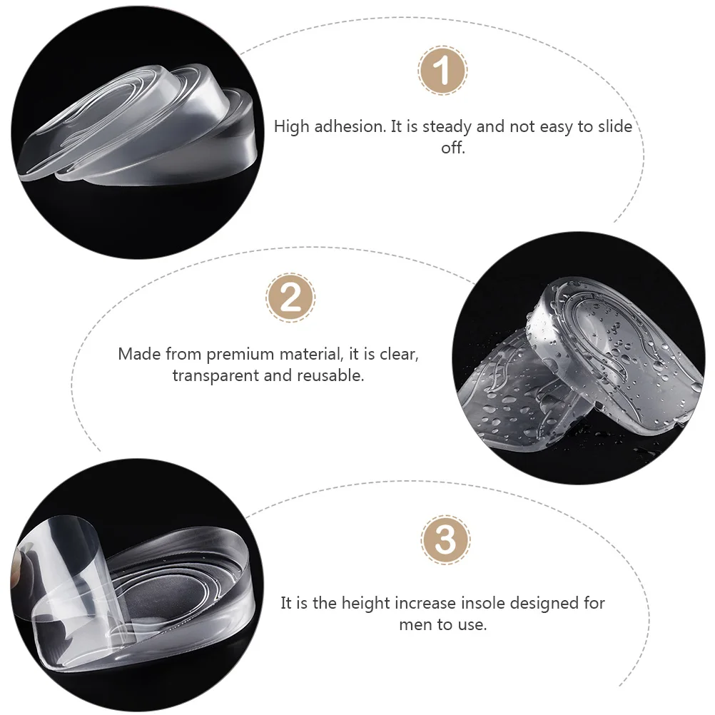 

2 Pairs Heightening Insoles Lift Heel Pad Inserts Cushion Invisible Gel Increase Men Premium Material Clear Reusable Steady Non