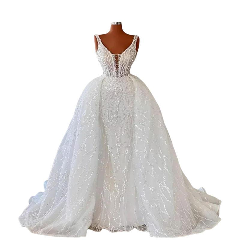

Customized Spaghetti Straps Mermaid Wedding Dresses Detachable Train Lace Applique Pearls Beach Country Plus Size Bridal Gowns
