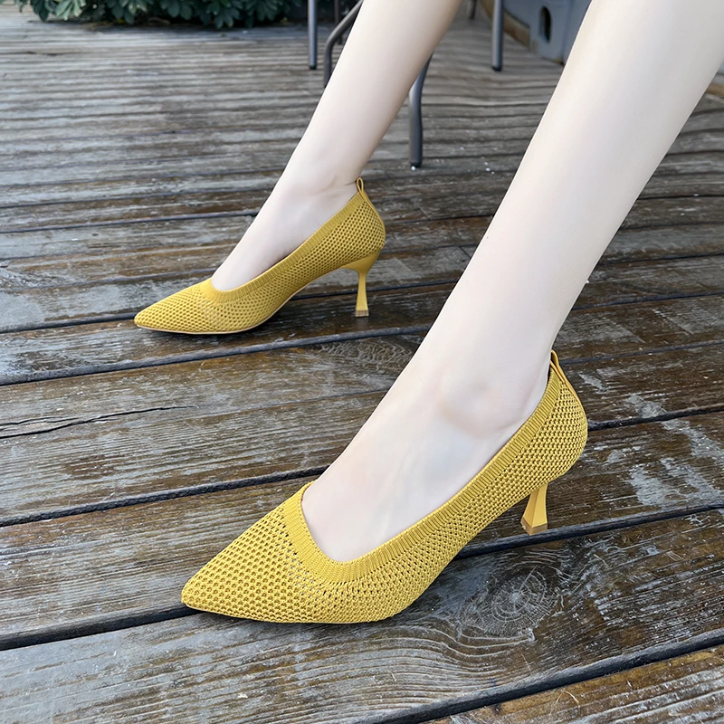 Sharp pointed women's shoes 2025 new fabric breathable high heels shallow mouth mesh cat heel fashionable casual women's shoes