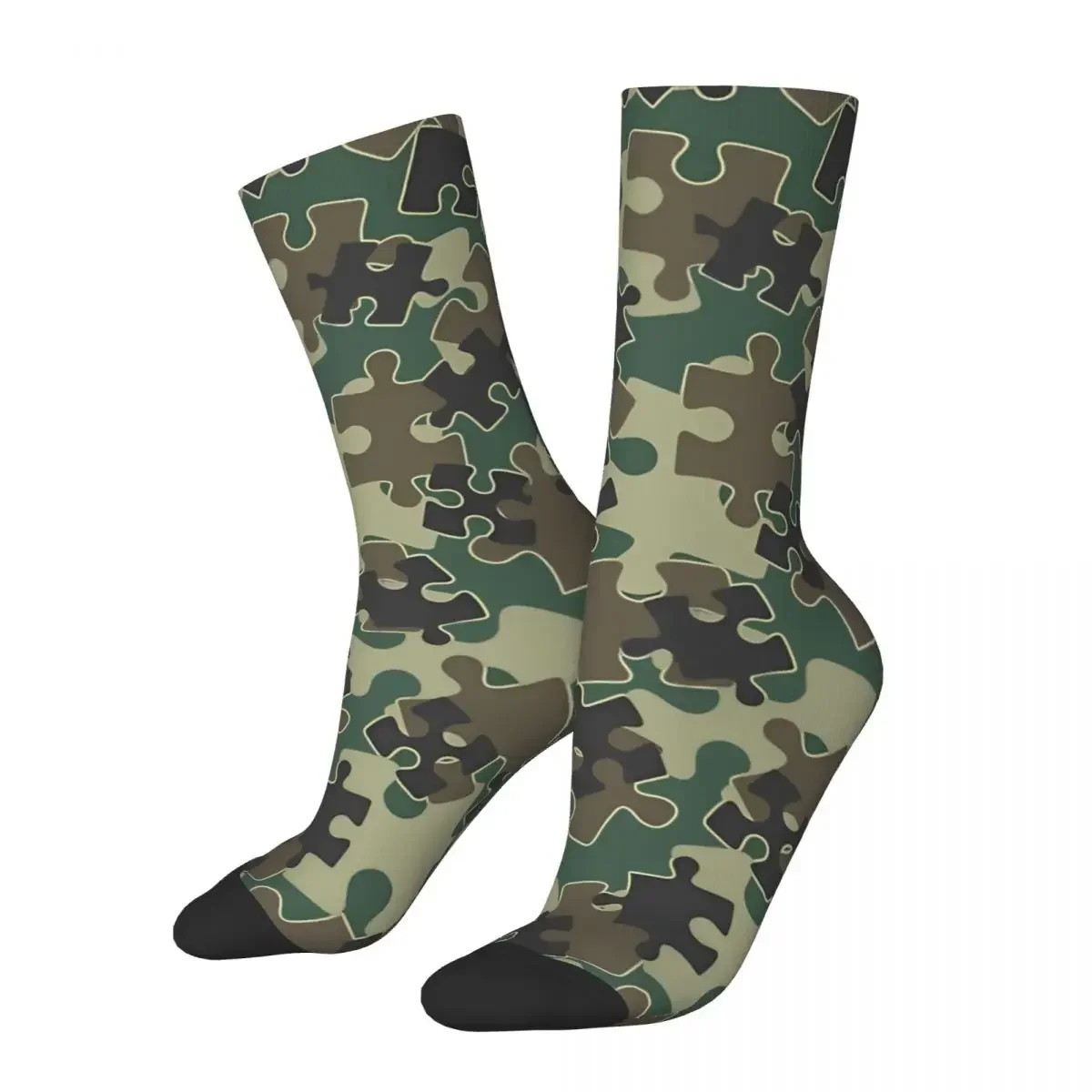 Jigsaw Puzzle Pieces Camo WOODLAND GREEN Camouflage Kawaii Socks Travel Cartoon Pattern Socks