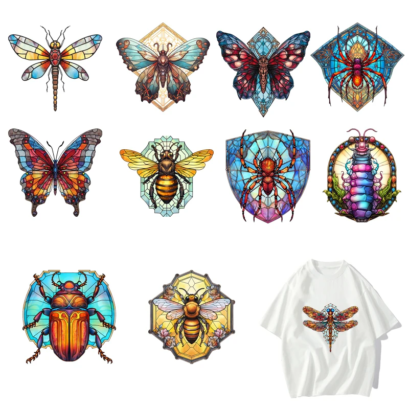 

11 types Colored glass insect dragonfly butterfly DTF Thermo Sticker Decals Heat Transfer On Clothes Iron On Patch For wholesale