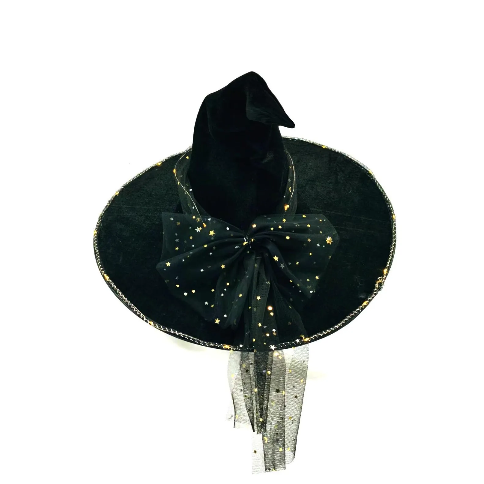 New Halloween Pleated Witch Hat Party Hat with Lights Black Velvet Witch Hat Makeup Prop