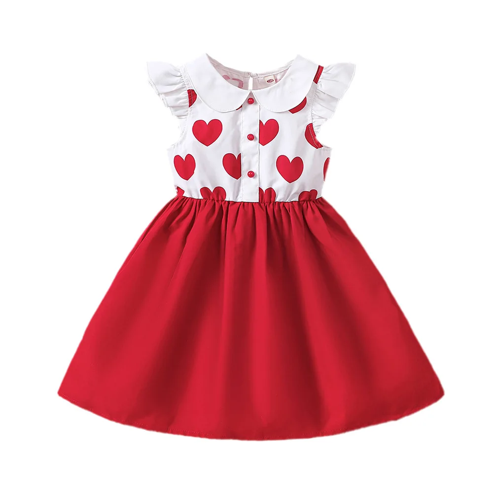 Kids Casual Dress for Girls Clothes Summer New Toddler Red Heart Print Sleeveless A-line Princess Dress Fashion Children 2-8Y