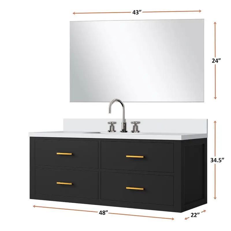 حمام فردي أسود مقاس 48 بوصة مع سطح كوارتز أبيض، ومجموعة مرآة وصنبور مقاس 43 بوصة #5