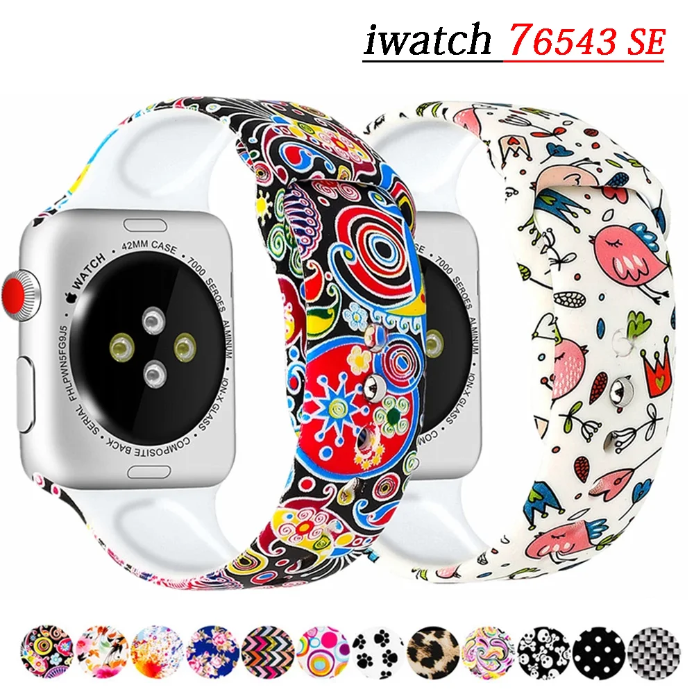 Printed Silicone Strap For Apple Watch Band 40mm 44mm 45mm 41mm Smartwatch Bracelet Correa Watchband Iwatch 7 6 5 4 3 Se 40 Mm