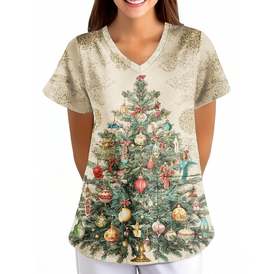 Roupas casuais femininas natal esfrega topo bonito boneco de neve árvore de natal impressão manga curta com decote em v uniformes médicos da enfermeira