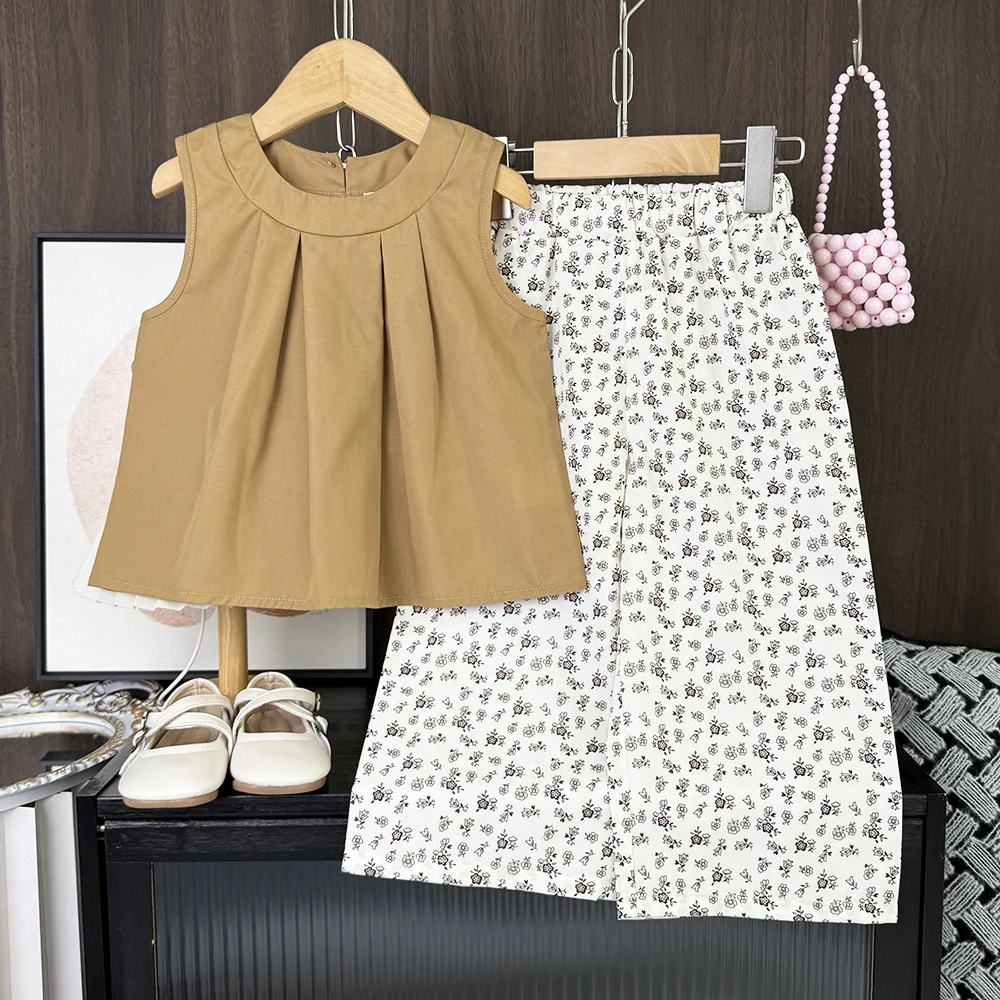 

Summer New Costume for Girls Korean Version Sweet Girls Clothes Sleeveless T-shirt Tops and Flower Pants 2026 Kids Clothing