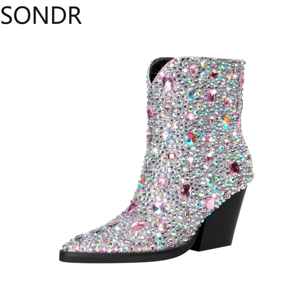 Rhinestones Diamonds Crystal Ankle Boots Womens Chelsea Chunky High Heel Pull On Western Shoes Luxury New 2024