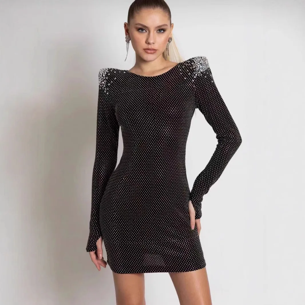 New autumn and winter party sparkling diamond dress European and American fashionable long-sleeved reversible tight bandage skir