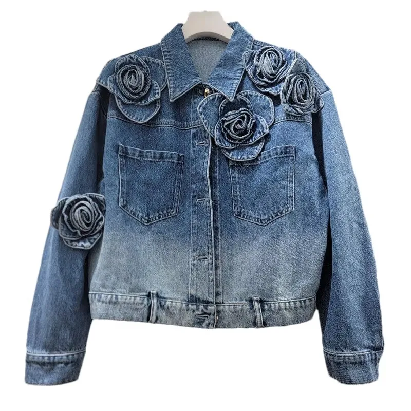 Fashion Flower Decoration Blue Denim Jacket Autumn Women Short Cowboy Outerwear Lapel Long Sleeve Jeans Jackets Chaqueta Mujer
