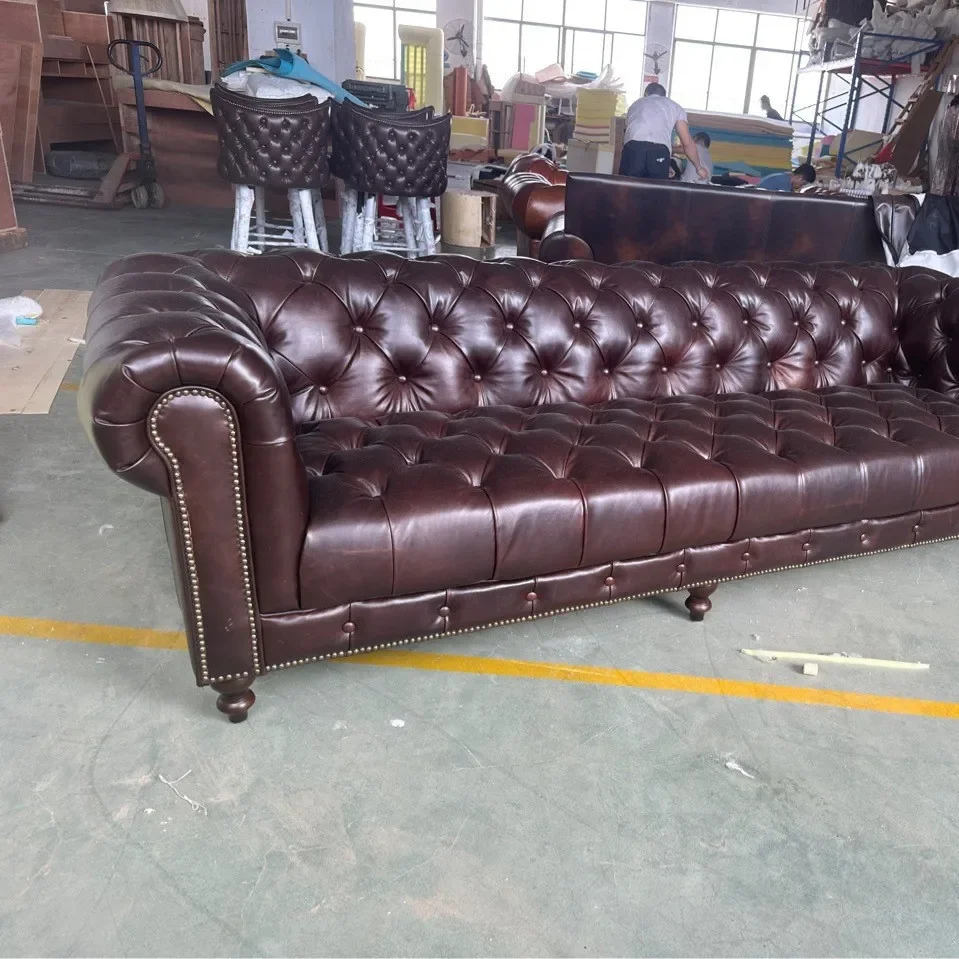 Sofa full leather first layer cowhide antique pull button double hotel clubhouse