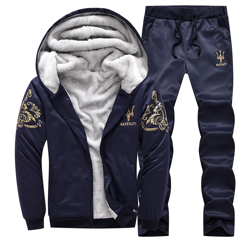 2023 New Winter Thick Men Sports Suit Tracksuit Hooded Sportswear Zipper Cardigan Hooded Woolen Trousers Pants Casual Men Set