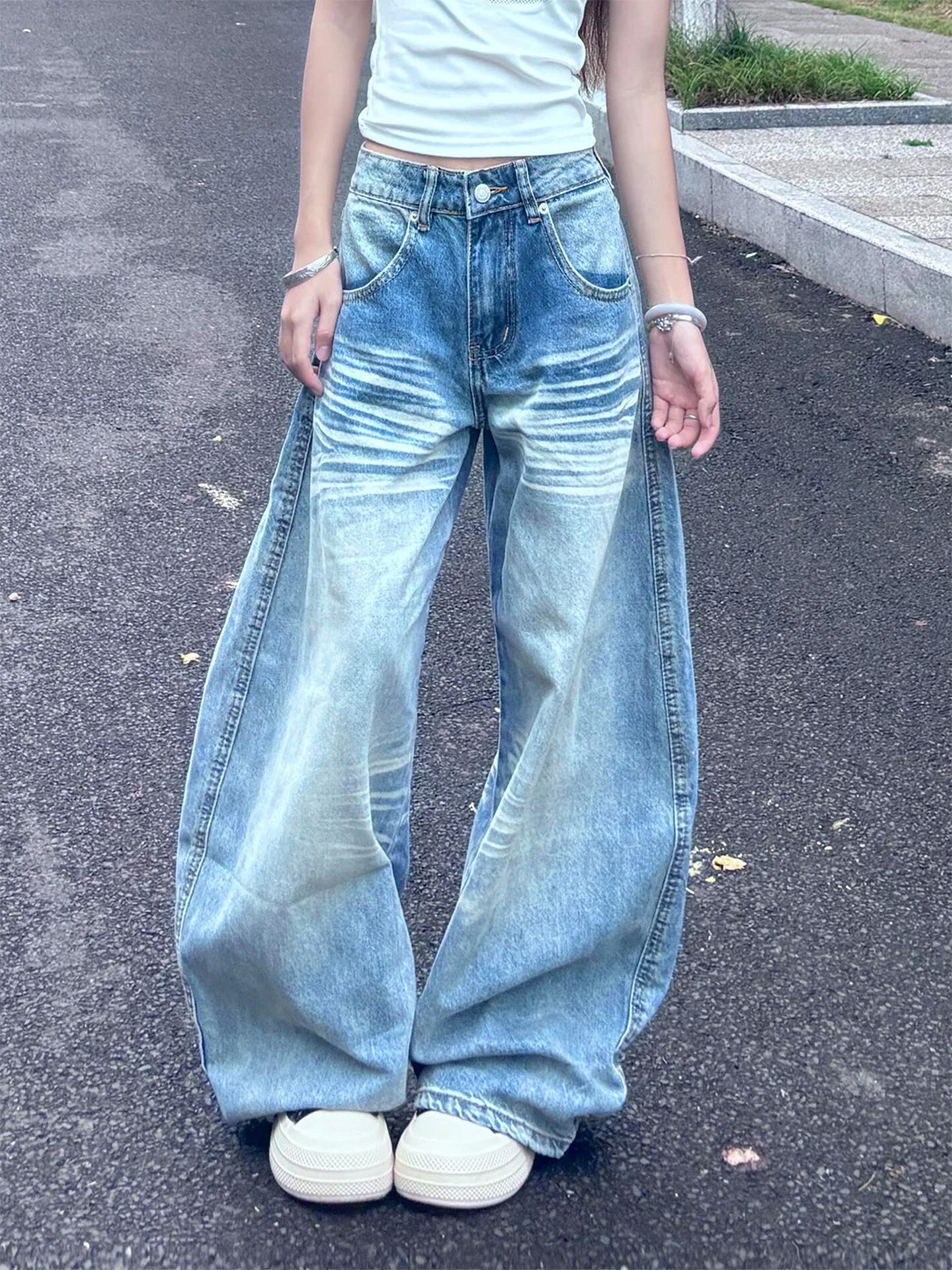 

High Waist Wide Leg Retro Knife Light Blue Summer New Style Women's Jeans Loose Fit Casual Straight Leg Trousers
