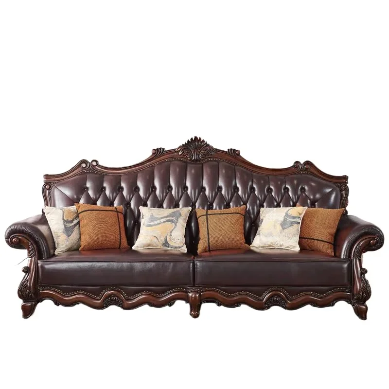 Leather sofa classic American large apartment sofa, villa living room furniture full solid wood carving flower first layer