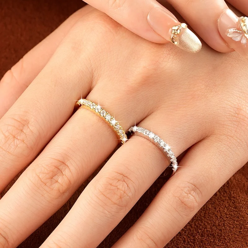 Rrjzz Zertifizierter 2mm D-Farbiger Voll-Moissanit Stapelbarer Halb-Eternity-Ring für Damen Klassischer Imitationsdiamant-Schmuckring – Detail 4