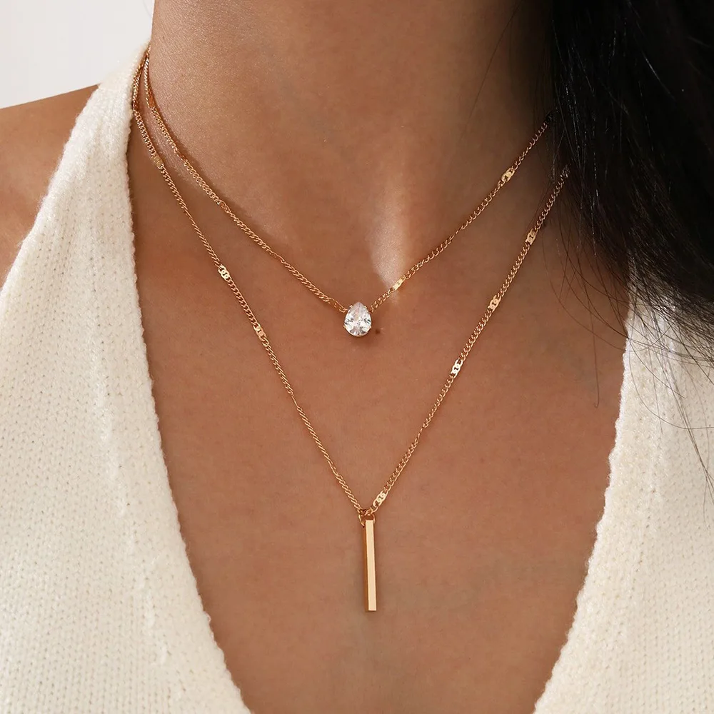 Faionable Double Layer Long Tassel Pendant Nelace Set Fre out Cross-Border Small Diamond Tear-drop ape Jewelry for Women