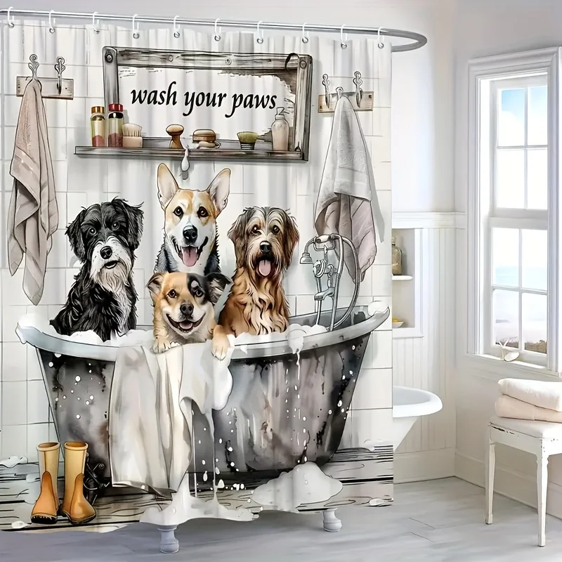 1pc Realistic Illustration Style Shower Curtain, Featuring Five Different Breeds of Fluffy, Expressive, and Lively Dogs Squeezed