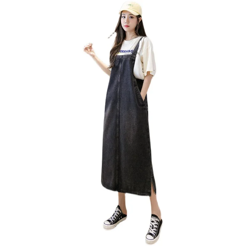 Franse Denim Jurk Met Jarretel Voor Dames Zomer Vintage Gewassen Hoogwaardige Stof Design Slanke Split Lange Rok Veelzijdig