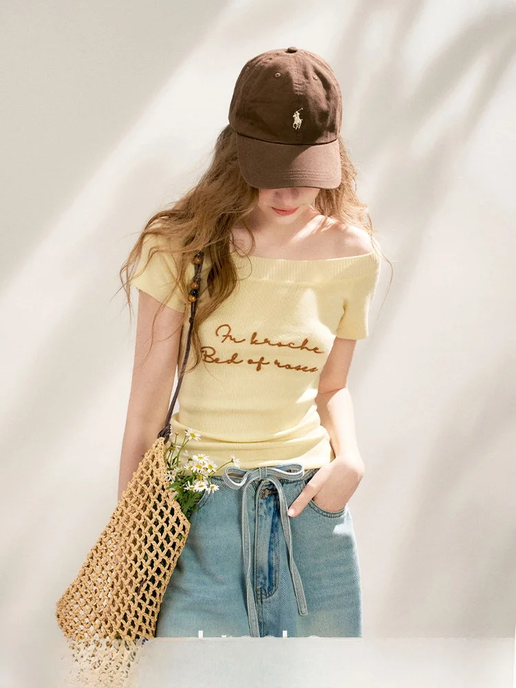 

Mengzi Kroche Ralsey Heavyweight Embroidered Slim Fit ort Sve T-irt Sweet Sle Knitted One oulder Neline Top
